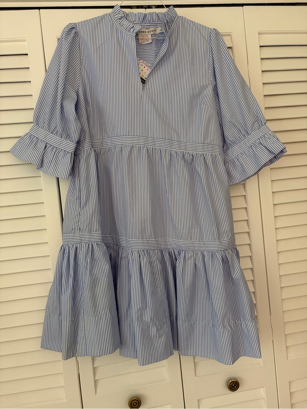 Gretchen Scott Designs Light Blue and White Striped Tiered Dress